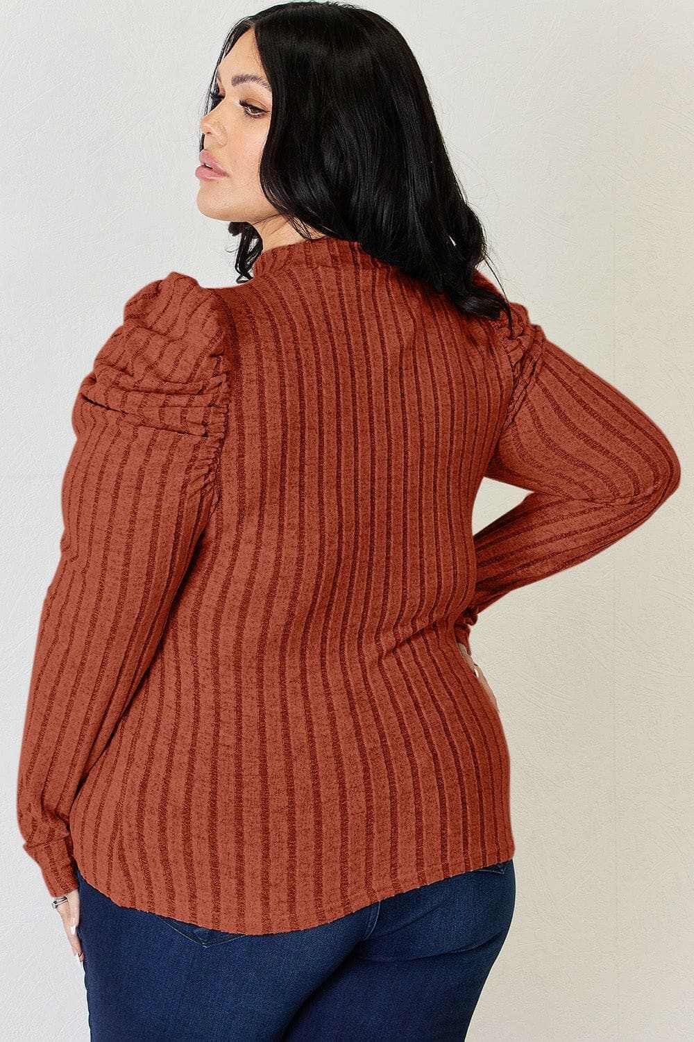 Ribbed mock neck top with puff sleeves - Love Salve